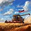 Combine harvester with Russian flag harvests | Stock Illustration