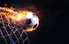 Soccer ball flies into net of soccer goal. Fire goal | Stock Illustration