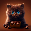 Cute black kitten with box of chocolate candies. | Stock Foto