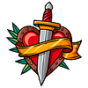 Red heart with dagger and ribbon, in style of