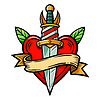 Red heart with dagger and ribbon, in style of