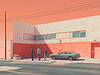 Retro car is parked in front of large building. | Stock Illustration
