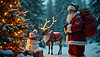 Papá Noel con renos al lado de Navidad decorada | Ilustración
