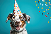 Dog celebrating birthday wearing cone hat. Happy | Stock Illustration