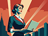 Powerful business woman with laptop, in retro poste