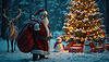 Papá Noel con renos al lado de Navidad decorada | Ilustración