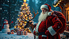 Papá Noel con renos al lado de Navidad decorada | Ilustración
