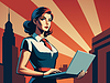 Vector clipart: Powerful business woman with laptop, in retro poste