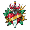 Red heart with dagger and ribbon, in style of