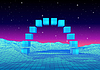 Synthwave landscape with arc gates in 80s retro