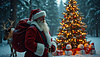 Papá Noel con renos al lado de Navidad decorada | Ilustración
