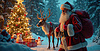Papá Noel con renos al lado de Navidad decorada | Ilustración