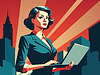 Powerful business woman with laptop, in retro poste