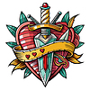 Red heart with dagger and ribbon, in style of