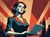 Vector clipart: Powerful business woman with laptop, in retro poste