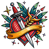 Red heart with dagger and ribbon, in style of