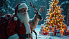Papá Noel con renos al lado de Navidad decorada | Ilustración