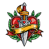 Red heart with dagger and ribbon, in style of