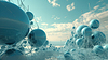 Abstract digital landscape with floating geometric | Stock Illustration