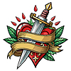 Red heart with dagger and ribbon, in style of