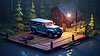 Acogedora escena de camping con cabina de madera, jeep car, | Ilustración
