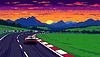 Rennwagen auf Küstenstraße bei Sonnenuntergang mit bunten | Stock Illustration