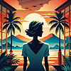 Векторный клипарт: Стильная женщина, любующаяся закатом вместе с tropica