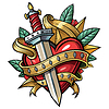 Red heart with dagger and ribbon, in style of
