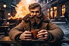 Man with beard sits at table with cup of hot coffee | Stock Illustration