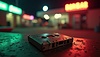 Retro cassette tape with neon lighting in futuristi | Stock Illustration