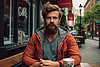 Man with beard sits at table with cup of hot coffee | Stock Foto