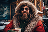 Man with beard sits at table with cup of hot coffee | Stock Foto