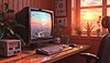 Escena de computadora retro con viejo monitor CRT, puesta de sol | Ilustración