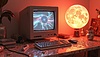 Escena de computadora retro con viejo monitor CRT, puesta de sol | Ilustración