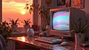 Escena de computadora retro con viejo monitor CRT, puesta de sol | Ilustración