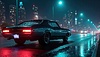 Винтажный мускул-кар на ночной улице с неоновыми вывесками | Иллюстрация