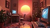 Escena de computadora retro con viejo monitor CRT, puesta de sol | Ilustración
