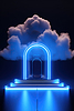 Neon arch in dark blue lights room with clouds. | Stock Illustration