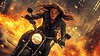 Actionaufnahme mit Frau auf dem Fahrrad, die vom Feuer wegfährt | Stock Foto