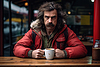 Man with beard sits at table with cup of hot coffee | Stock Foto