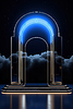 Neon arch in dark blue lights room with clouds. | Stock Illustration