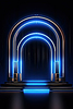 Neon arch in dark blue lights room with clouds. | Stock Illustration