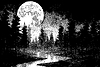 Vector clipart: Dark forest landscape with full moon in retro