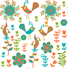 Vector clipart: cute seamless pattern with cartoon bird and flower