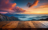 Empty wooden table closeup and rocks in the fog at suns | Stock Foto