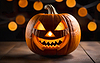 Photo 300 DPI: glowing halloween pumpkins on bokeh background, close u