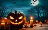 Photo 300 DPI: glowing halloween pumpkin on wooden table with candles,