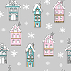 Seamless pattern Christmas houses and snowflakes
