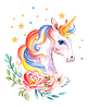 Photo 300 DPI: Watercolor cute unicorn portrait with beautiful