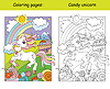 Vector clipart: Cute unicorn in sweet world. coloring book